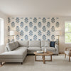 Lily Flower Blue and White | Thibaut Wallcoverings - Living Room Visualization (AI-generated, may not be to scale. Verify pattern scale with product specifications.)