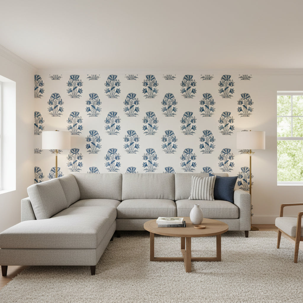 Lily Flower Blue and White | Thibaut Wallcoverings - Living Room Visualization (AI-generated, may not be to scale. Verify pattern scale with product specifications.)