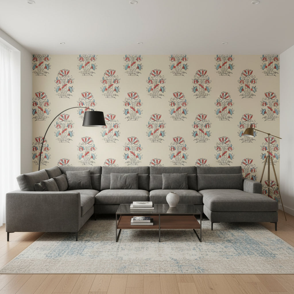 Lily Flower Beige and Sunbaked | Thibaut Wallcoverings - Living Room Visualization (AI-generated, may not be to scale. Verify pattern scale with product specifications.)