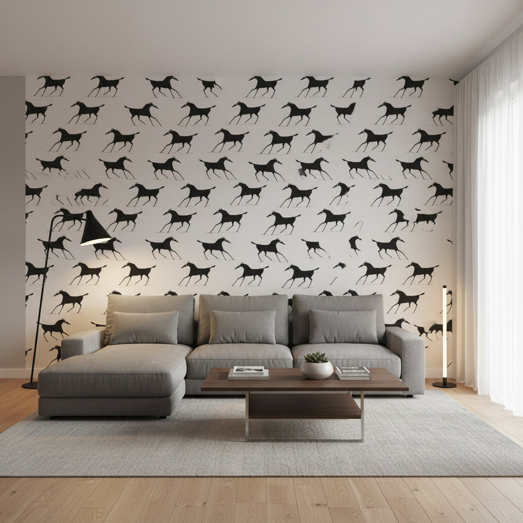 Marlborough Downs Black and White | Thibaut Wallcoverings - Living Room Visualization (AI-generated, may not be to scale. Verify pattern scale with product specifications.)
