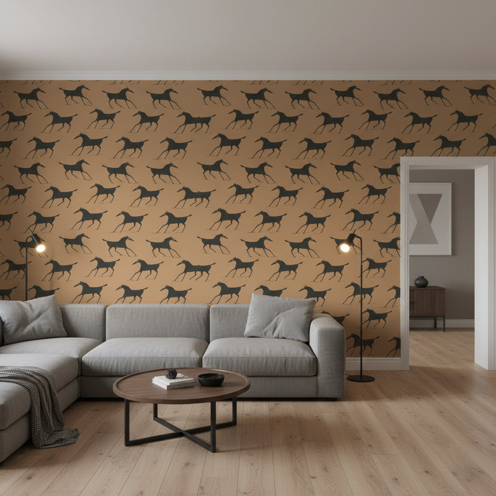 Marlborough Downs Clay | Thibaut Wallcoverings - Living Room Visualization (AI-generated, may not be to scale. Verify pattern scale with product specifications.)
