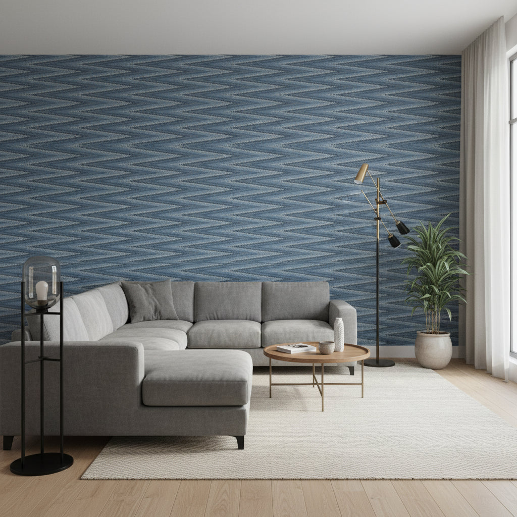 Moab Weave Navy | Thibaut Wallcoverings - Living Room Visualization (AI-generated, may not be to scale. Verify pattern scale with product specifications.)