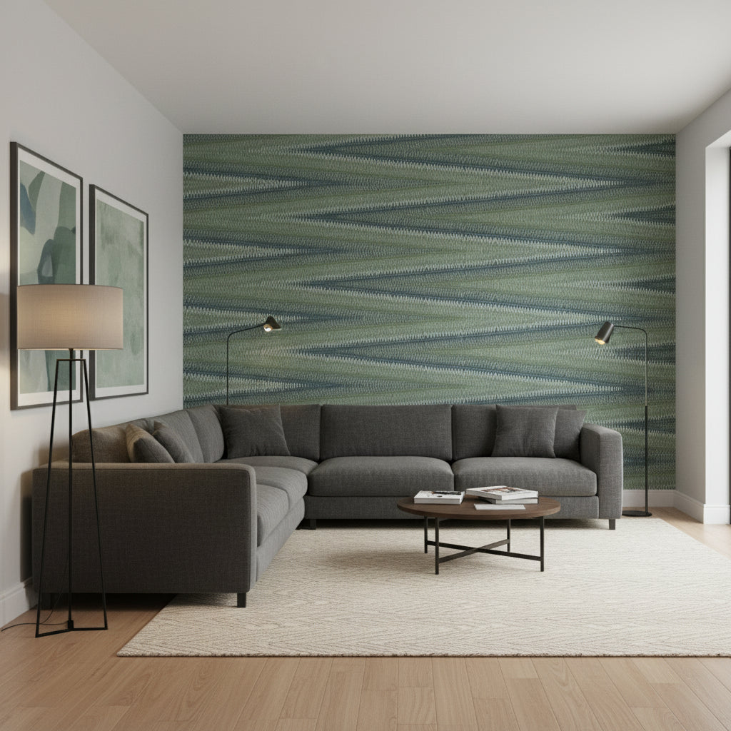 Moab Weave Olive | Thibaut Wallcoverings - Living Room Visualization (AI-generated, may not be to scale. Verify pattern scale with product specifications.)