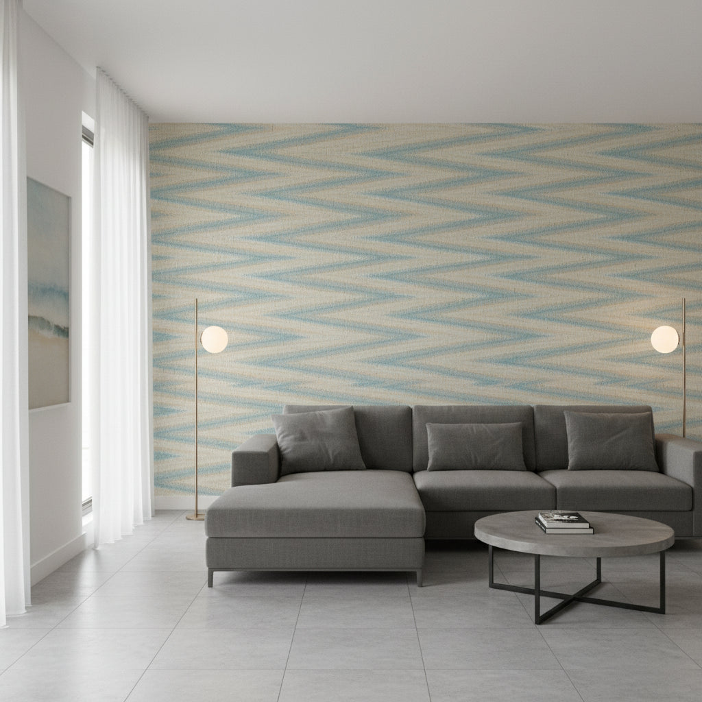 Moab Weave Teal | Thibaut Wallcoverings - Living Room Visualization (AI-generated, may not be to scale. Verify pattern scale with product specifications.)