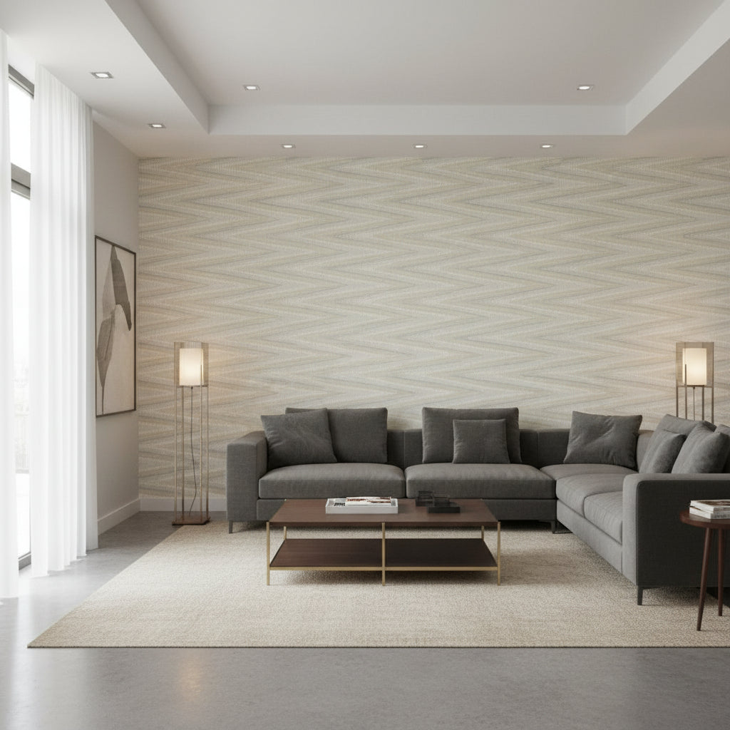 Moab Weave Neutral | Thibaut Wallcoverings - Living Room Visualization (AI-generated, may not be to scale. Verify pattern scale with product specifications.)