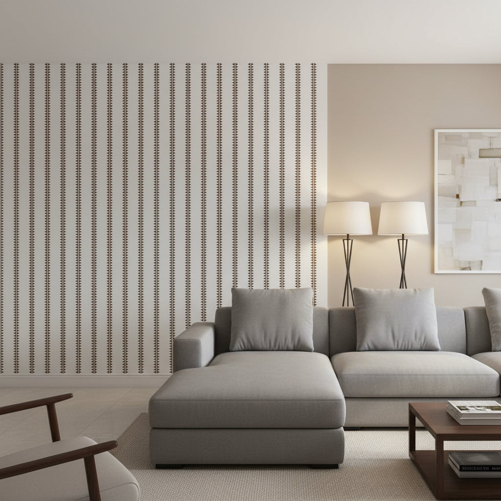 Reno Stripe Black | Thibaut Wallcoverings - Living Room Visualization (AI-generated, may not be to scale. Verify pattern scale with product specifications.)