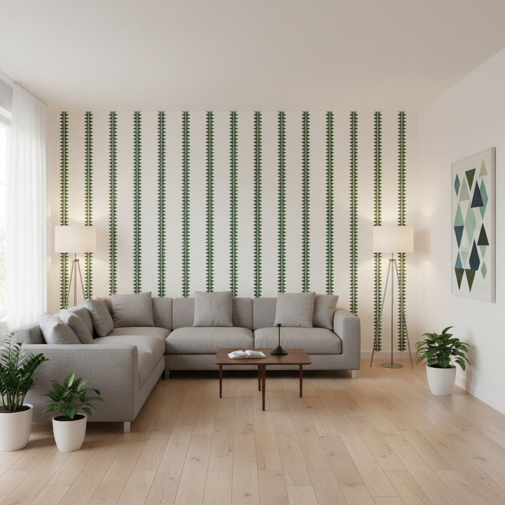 Reno Stripe Green | Thibaut Wallcoverings - Living Room Visualization (AI-generated, may not be to scale. Verify pattern scale with product specifications.)