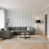 Reno Stripe Teal | Thibaut Wallcoverings - Living Room Visualization (AI-generated, may not be to scale. Verify pattern scale with product specifications.)