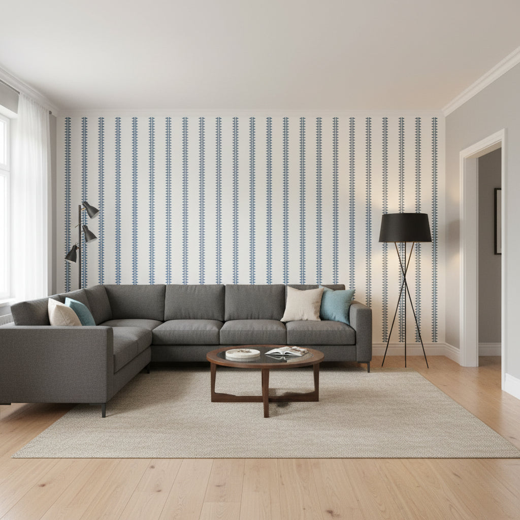 Reno Stripe Teal | Thibaut Wallcoverings - Living Room Visualization (AI-generated, may not be to scale. Verify pattern scale with product specifications.)
