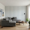 Reno Stripe Navy | Thibaut Wallcoverings - Living Room Visualization (AI-generated, may not be to scale. Verify pattern scale with product specifications.)