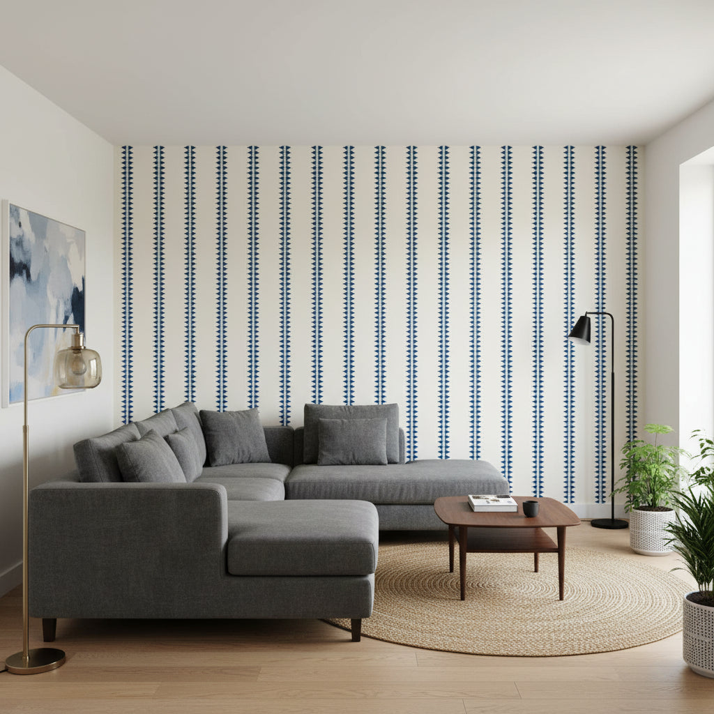 Reno Stripe Navy | Thibaut Wallcoverings - Living Room Visualization (AI-generated, may not be to scale. Verify pattern scale with product specifications.)