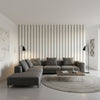 Reno Stripe Brown | Thibaut Wallcoverings - Living Room Visualization (AI-generated, may not be to scale. Verify pattern scale with product specifications.)