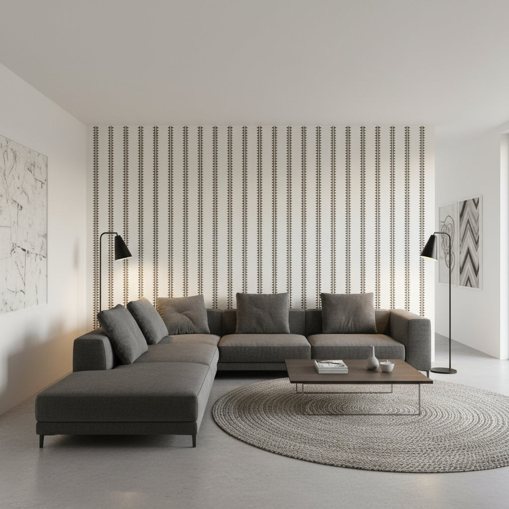 Reno Stripe Brown | Thibaut Wallcoverings - Living Room Visualization (AI-generated, may not be to scale. Verify pattern scale with product specifications.)
