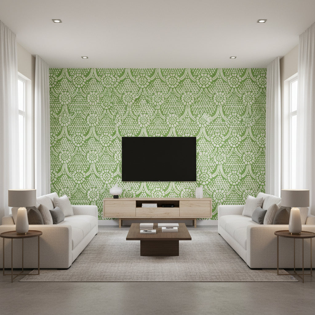 Chamomile Green | Thibaut - Living Room Visualization (AI-generated, may not be to scale. Verify pattern scale with product specifications.)