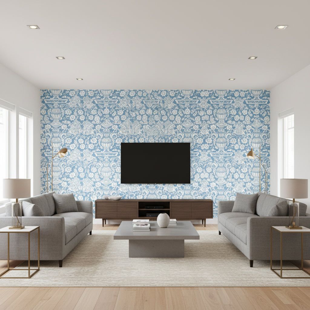 Galway Blue | Thibaut - Living Room Visualization (AI-generated, may not be to scale. Verify pattern scale with product specifications.)