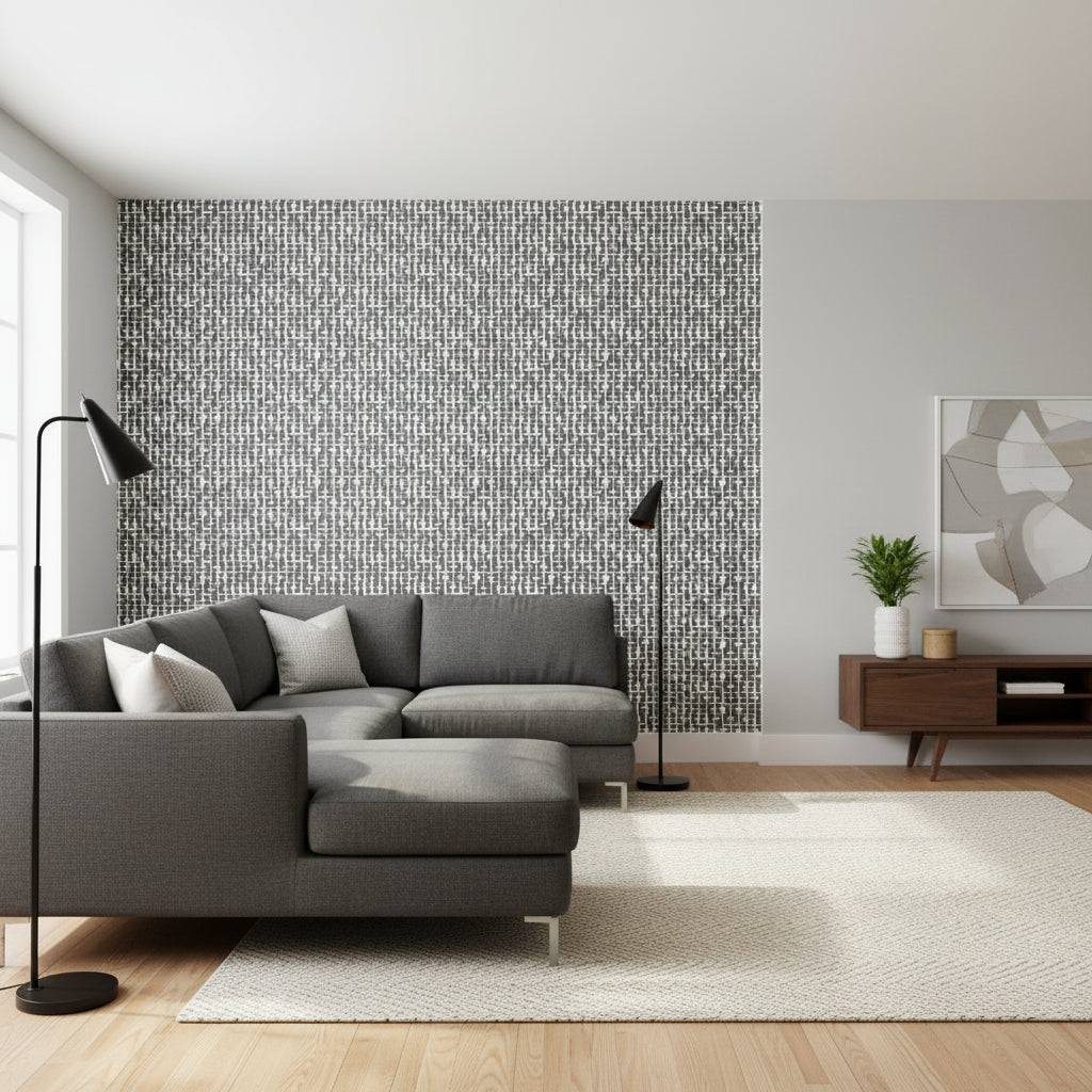 Haven Grey | Thibaut Wallcoverings - Living Room Visualization (AI-generated, may not be to scale. Verify pattern scale with product specifications.)
