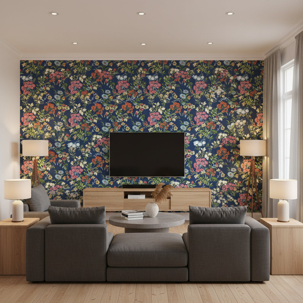 Spring Garden Navy | Thibaut - Living Room Visualization (AI-generated, may not be to scale. Verify pattern scale with product specifications.)