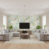 Spring Garden Spa Blue | Thibaut - Living Room Visualization (AI-generated, may not be to scale. Verify pattern scale with product specifications.)