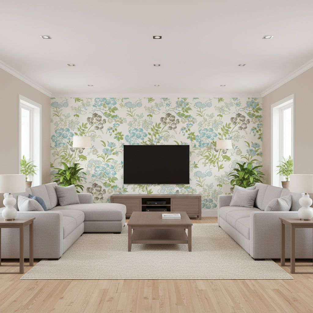 Spring Garden Spa Blue | Thibaut - Living Room Visualization (AI-generated, may not be to scale. Verify pattern scale with product specifications.)