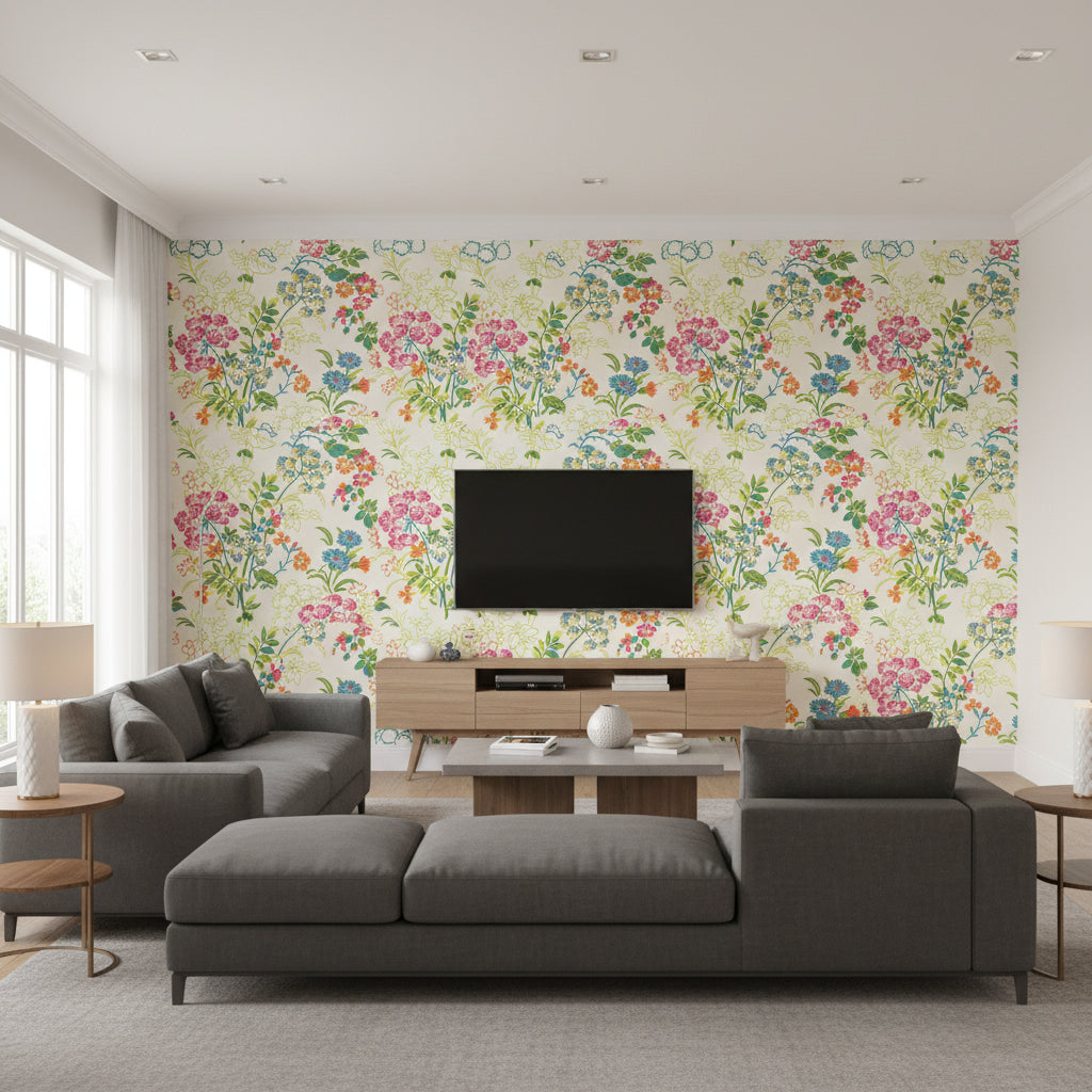 Spring Garden Cream | Thibaut - Living Room Visualization (AI-generated, may not be to scale. Verify pattern scale with product specifications.)