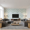 Ventura Spa Blue | Thibaut - Living Room Visualization (AI-generated, may not be to scale. Verify pattern scale with product specifications.)