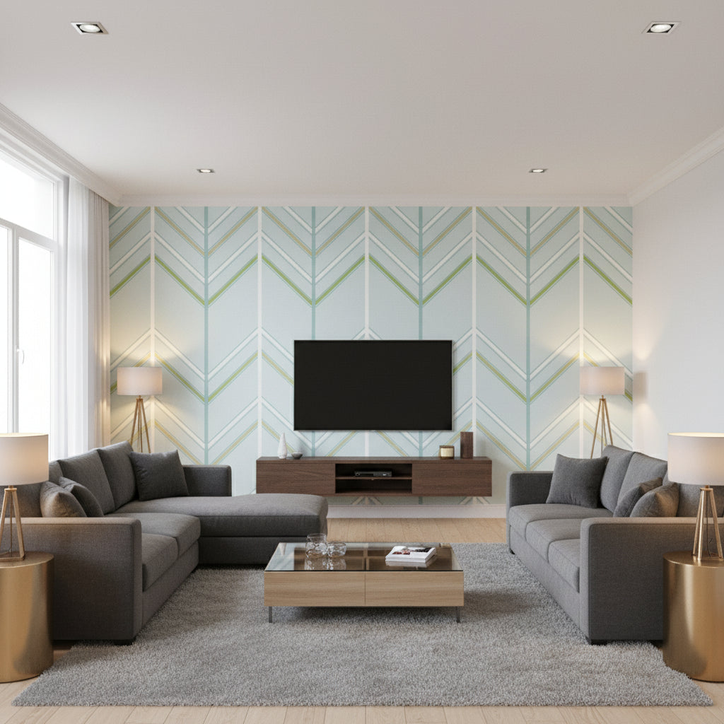 Ventura Spa Blue | Thibaut - Living Room Visualization (AI-generated, may not be to scale. Verify pattern scale with product specifications.)
