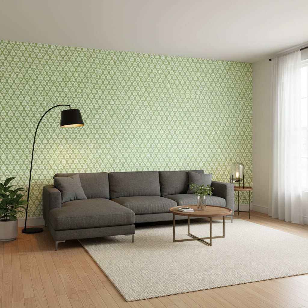 Arboreta Green | Thibaut Wallcoverings - Living Room Visualization (AI-generated, may not be to scale. Verify pattern scale with product specifications.)