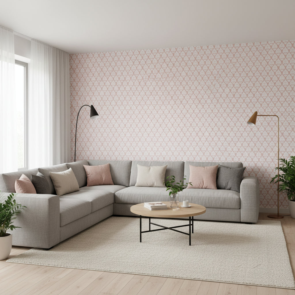 Arboreta Blush | Thibaut Wallcoverings - Living Room Visualization (AI-generated, may not be to scale. Verify pattern scale with product specifications.)