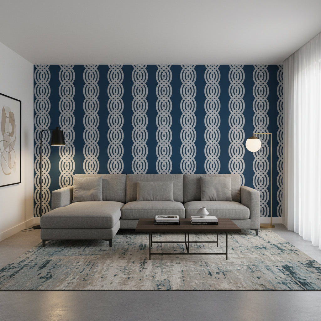 Braid Navy | Thibaut Wallcoverings - Living Room Visualization (AI-generated, may not be to scale. Verify pattern scale with product specifications.)