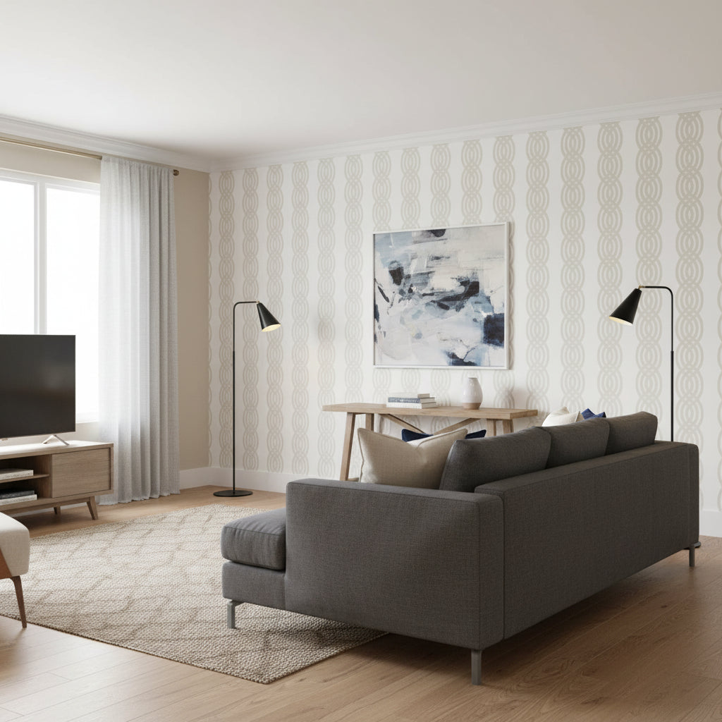 Braid Cream | Thibaut Wallcoverings - Living Room Visualization (AI-generated, may not be to scale. Verify pattern scale with product specifications.)
