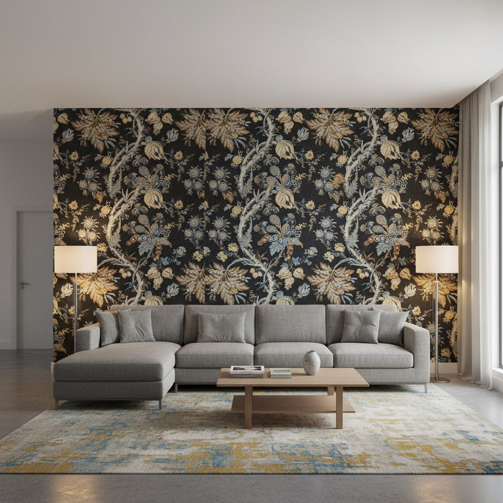 Chatelain Charcoal | Thibaut Wallcoverings - Living Room Visualization (AI-generated, may not be to scale. Verify pattern scale with product specifications.)