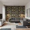 Chatelain Brown | Thibaut Wallcoverings - Living Room Visualization (AI-generated, may not be to scale. Verify pattern scale with product specifications.)