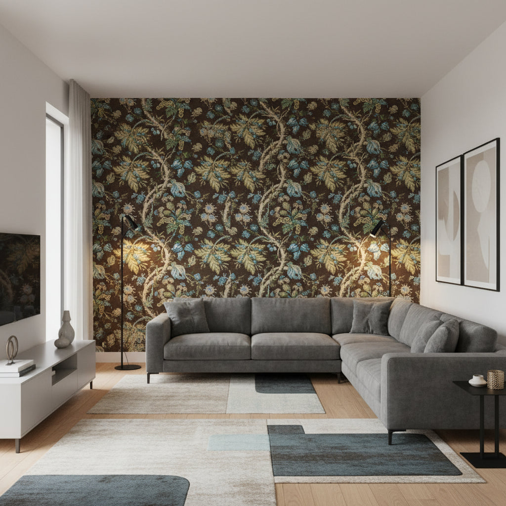 Chatelain Brown | Thibaut Wallcoverings - Living Room Visualization (AI-generated, may not be to scale. Verify pattern scale with product specifications.)