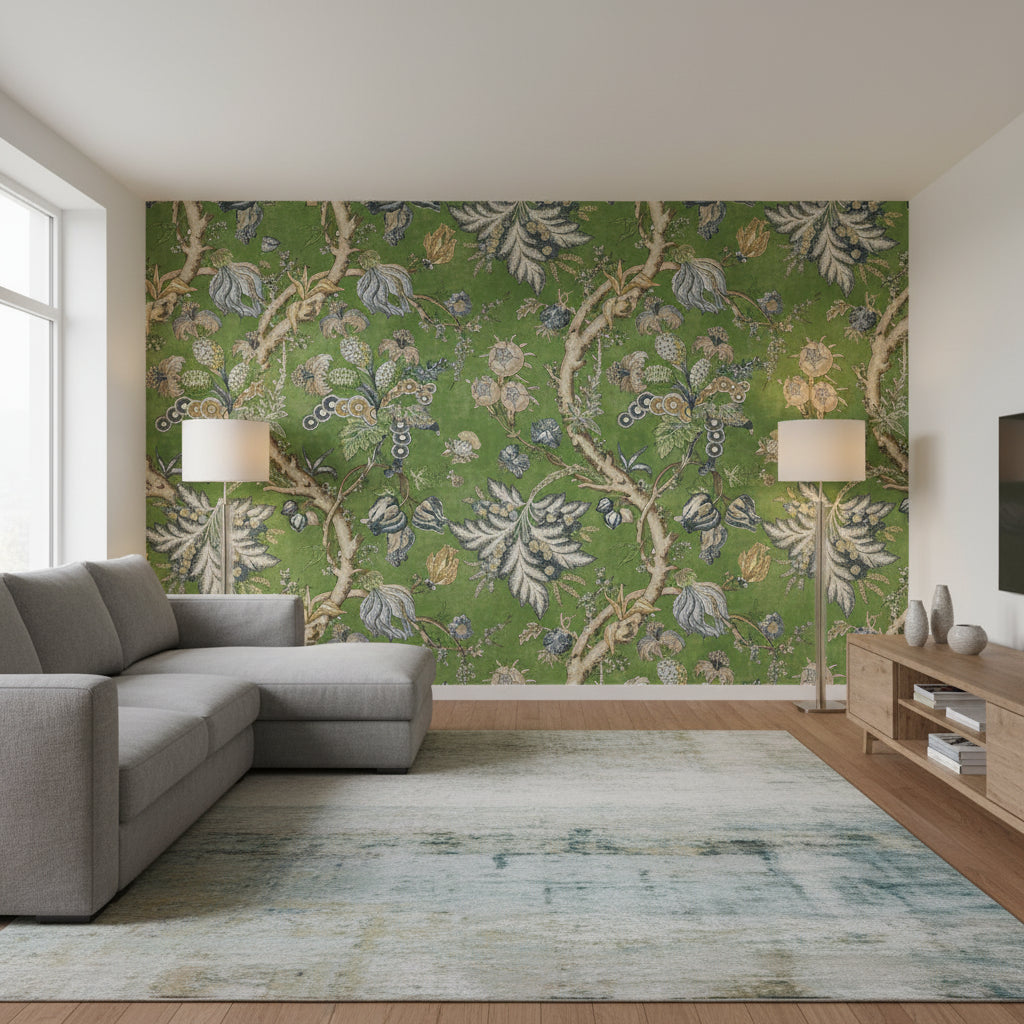 Chatelain Green | Thibaut Wallcoverings - Living Room Visualization (AI-generated, may not be to scale. Verify pattern scale with product specifications.)