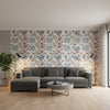 Chatelain Blue and Red | Thibaut Wallcoverings - Living Room Visualization (AI-generated, may not be to scale. Verify pattern scale with product specifications.)