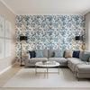Chatelain Blue and White | Thibaut Wallcoverings - Living Room Visualization (AI-generated, may not be to scale. Verify pattern scale with product specifications.)