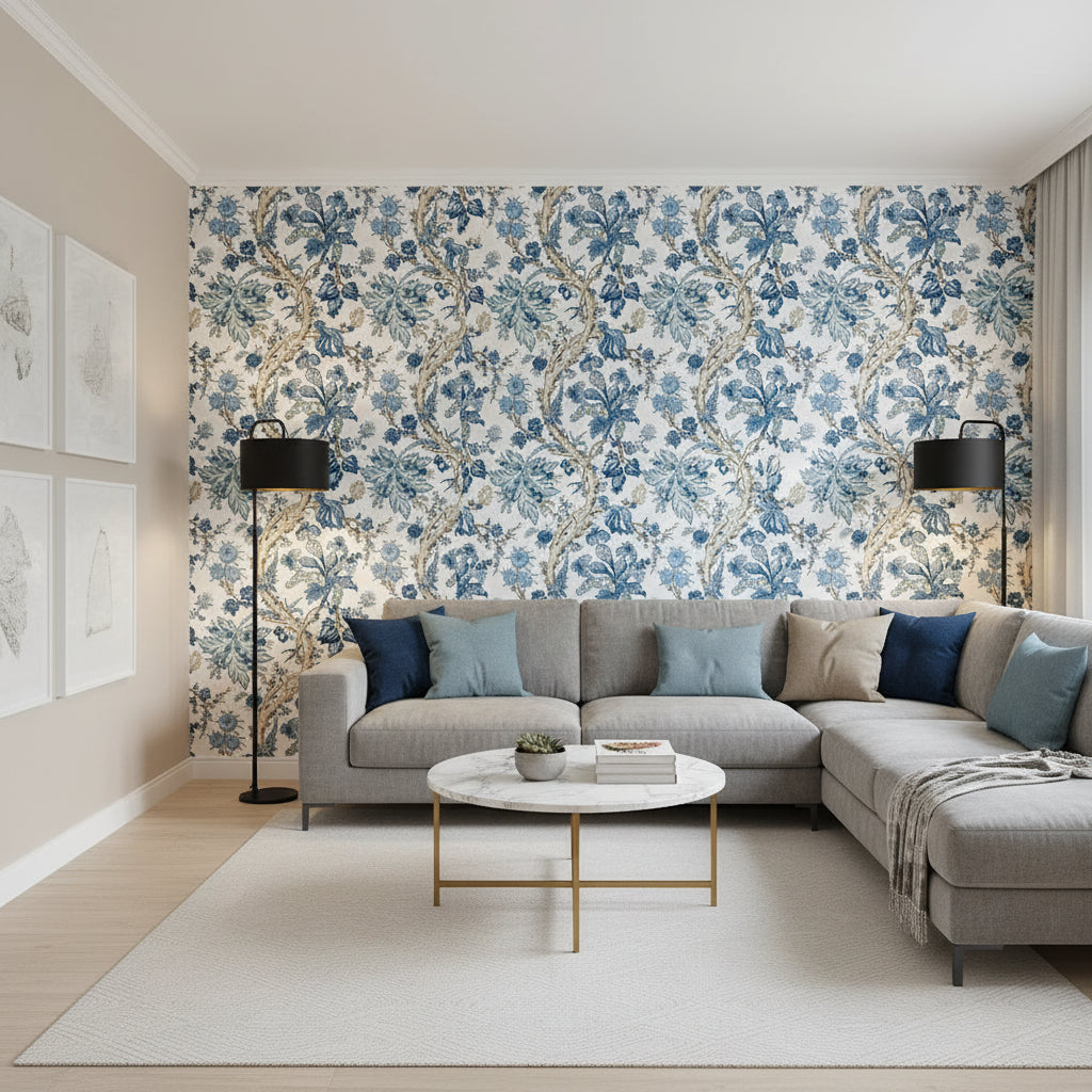 Chatelain Blue and White | Thibaut Wallcoverings - Living Room Visualization (AI-generated, may not be to scale. Verify pattern scale with product specifications.)