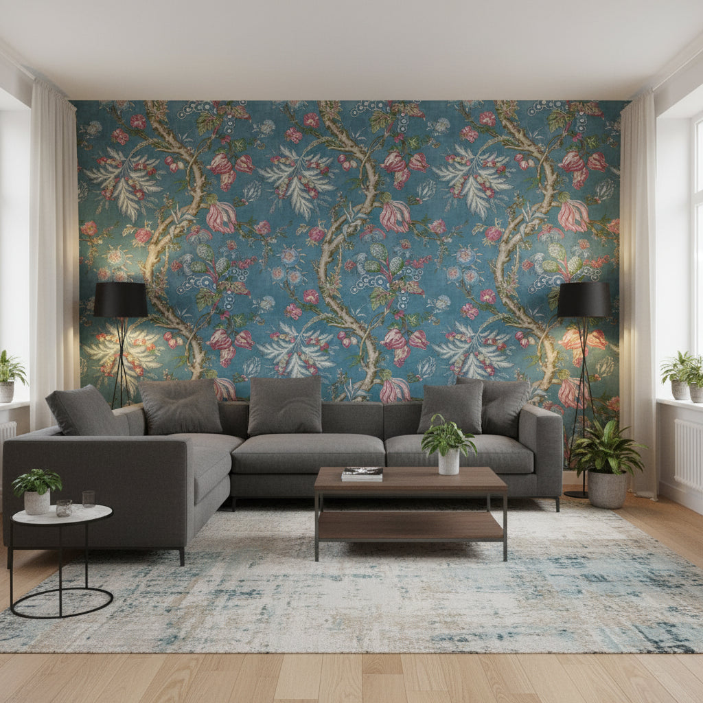 Chatelain Robin's Egg | Thibaut Wallcoverings - Living Room Visualization (AI-generated, may not be to scale. Verify pattern scale with product specifications.)