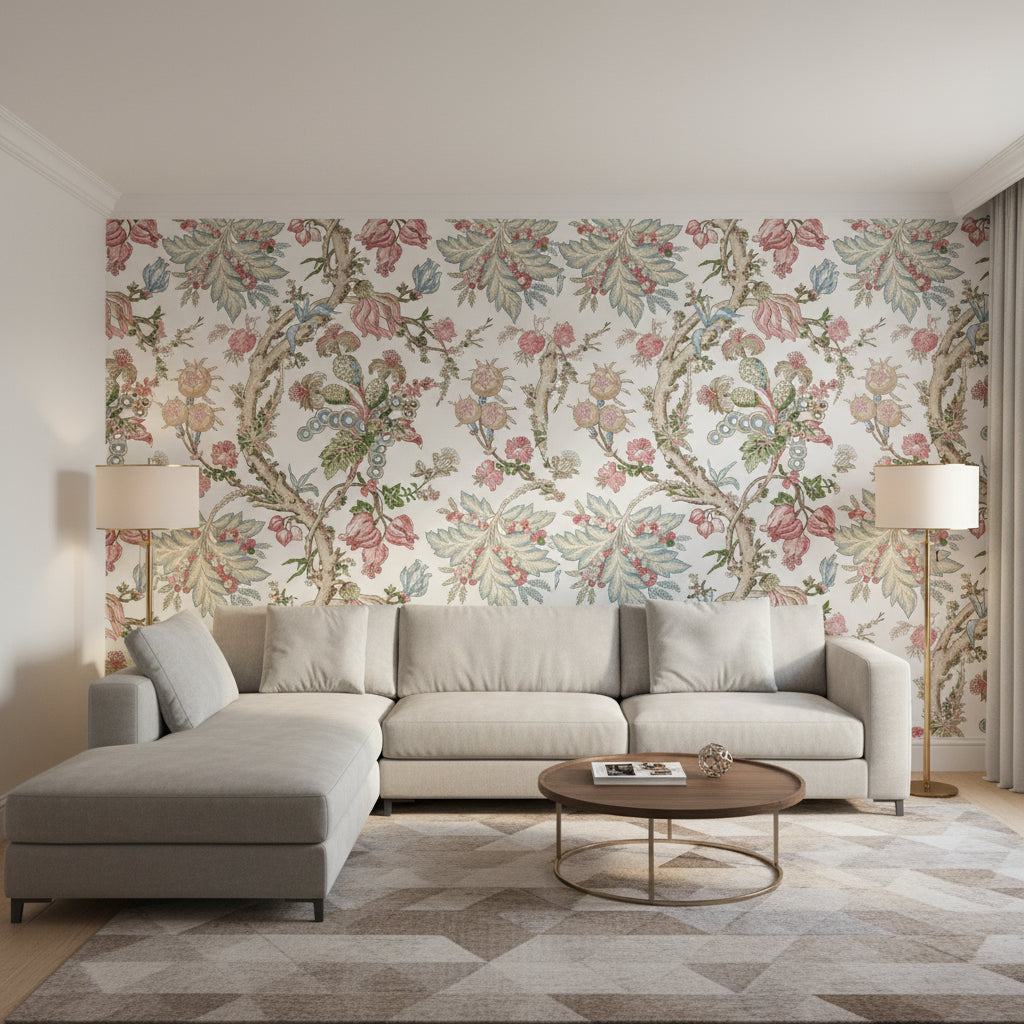 Chatelain Pink | Thibaut Wallcoverings - Living Room Visualization (AI-generated, may not be to scale. Verify pattern scale with product specifications.)