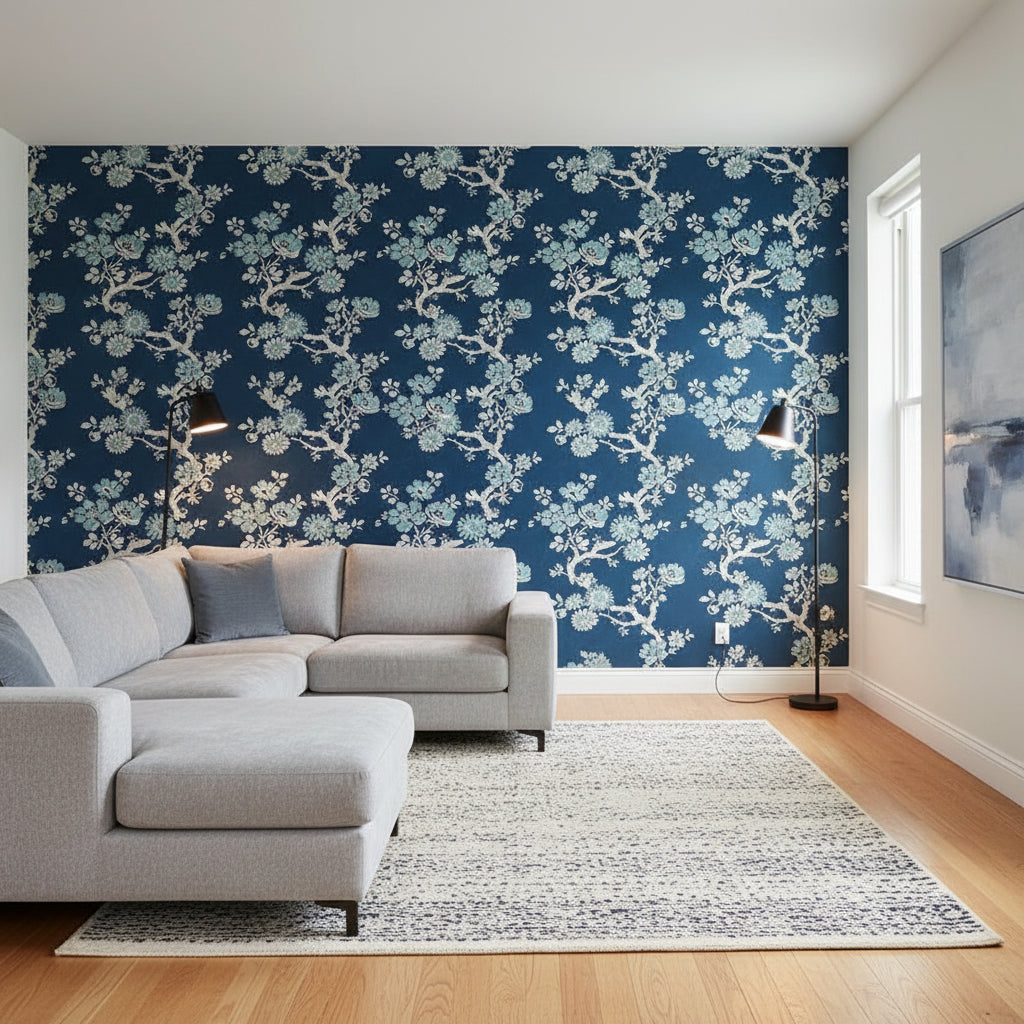 Claudette Navy | Thibaut Wallcoverings - Living Room Visualization (AI-generated, may not be to scale. Verify pattern scale with product specifications.)