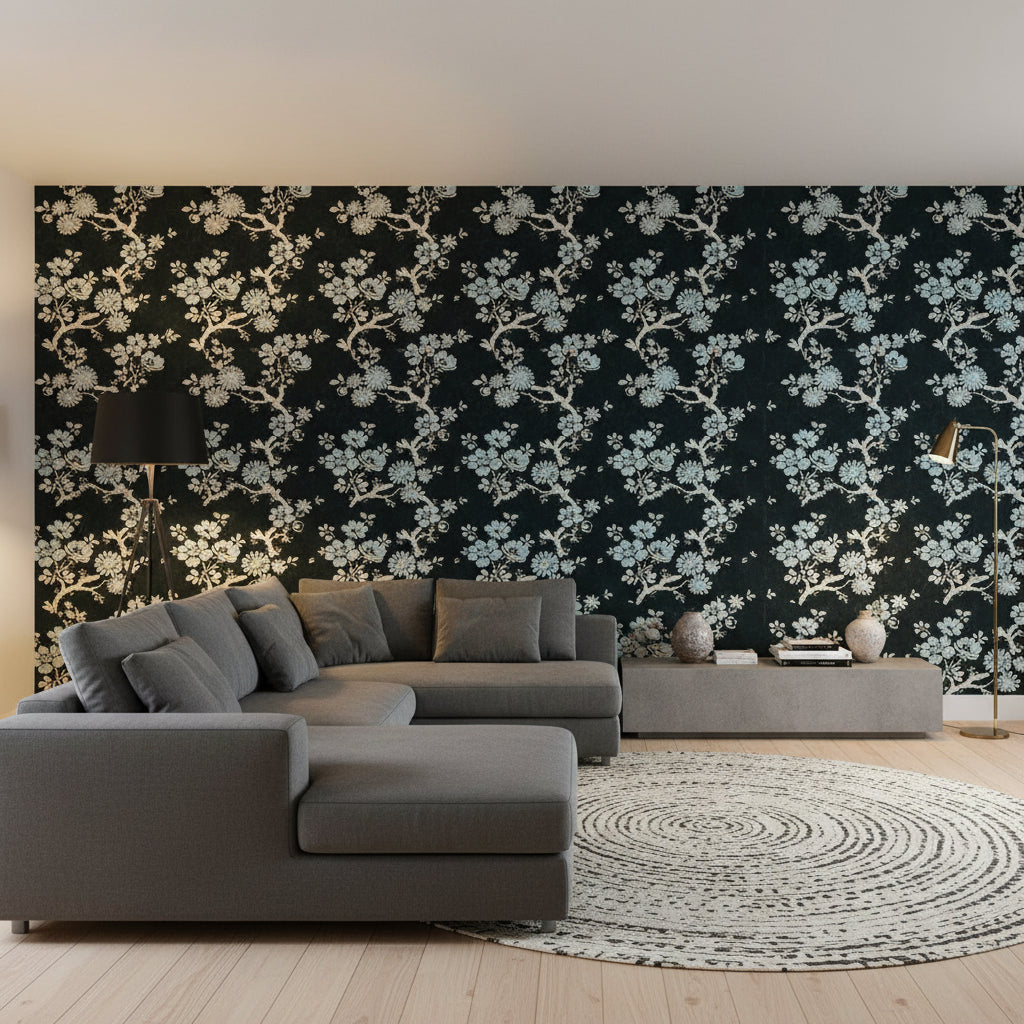 Claudette Charcoal | Thibaut Wallcoverings - Living Room Visualization (AI-generated, may not be to scale. Verify pattern scale with product specifications.)