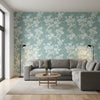 Claudette Robin's Egg | Thibaut Wallcoverings - Living Room Visualization (AI-generated, may not be to scale. Verify pattern scale with product specifications.)