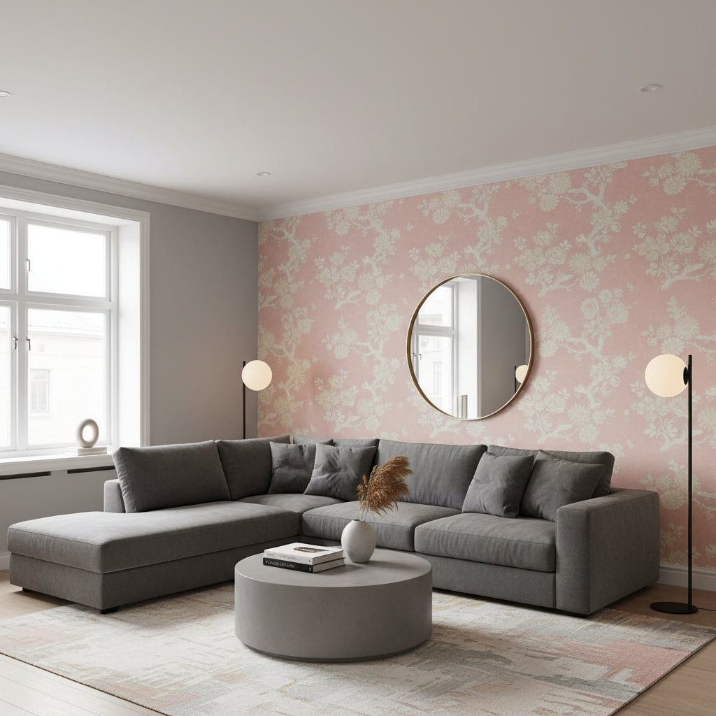 Claudette Blush | Thibaut Wallcoverings - Living Room Visualization (AI-generated, may not be to scale. Verify pattern scale with product specifications.)