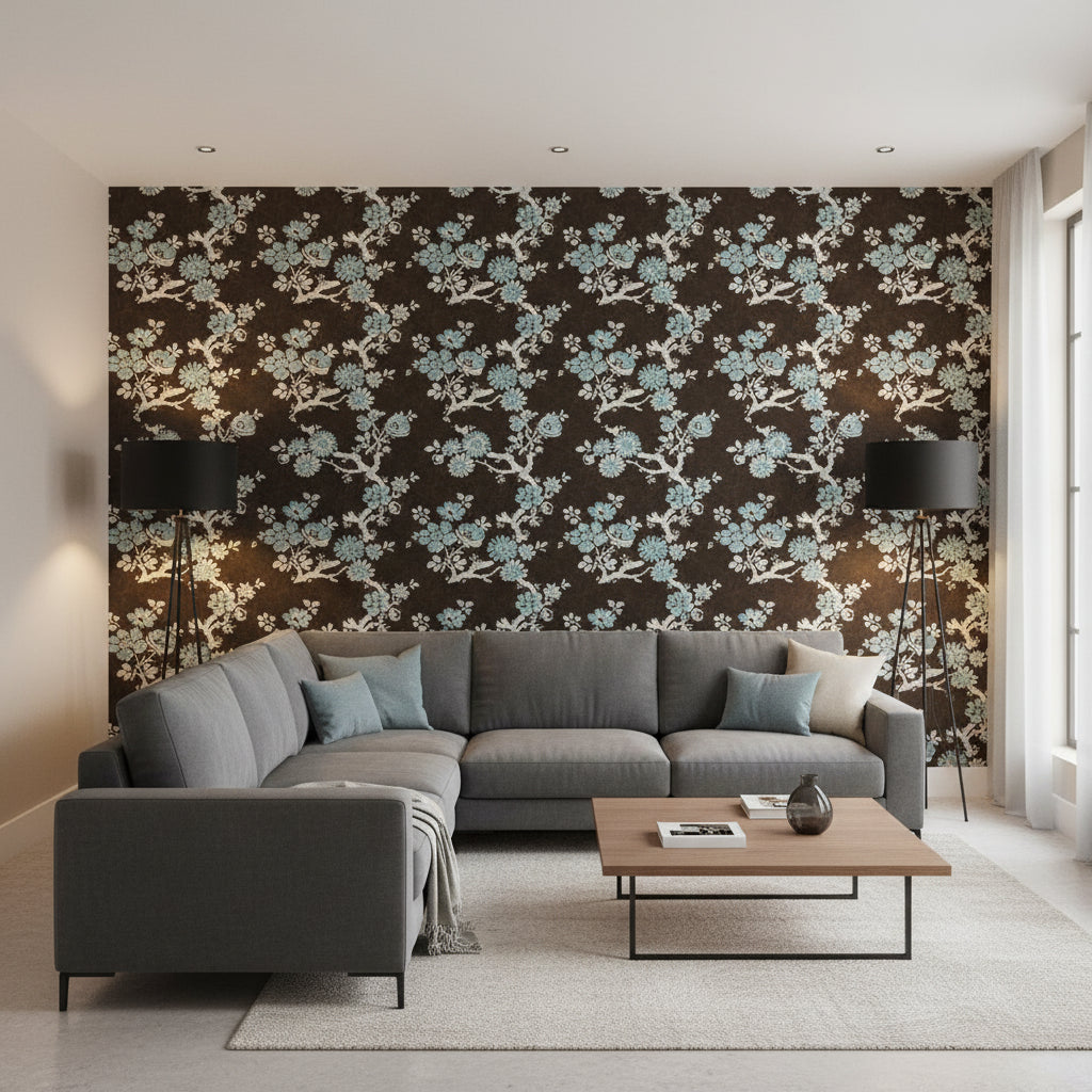 Claudette Brown | Thibaut Wallcoverings - Living Room Visualization (AI-generated, may not be to scale. Verify pattern scale with product specifications.)