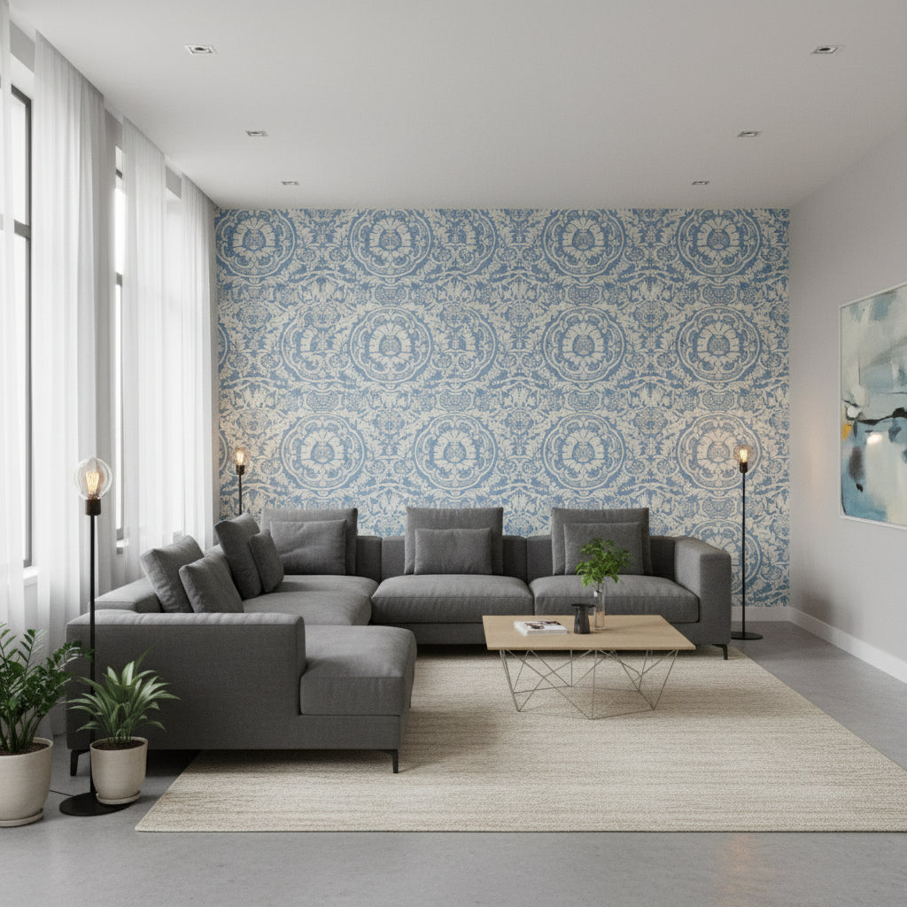 Earl Damask Blue | Thibaut Wallcoverings - Living Room Visualization (AI-generated, may not be to scale. Verify pattern scale with product specifications.)
