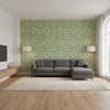 Earl Damask Green | Thibaut Wallcoverings - Living Room Visualization (AI-generated, may not be to scale. Verify pattern scale with product specifications.)