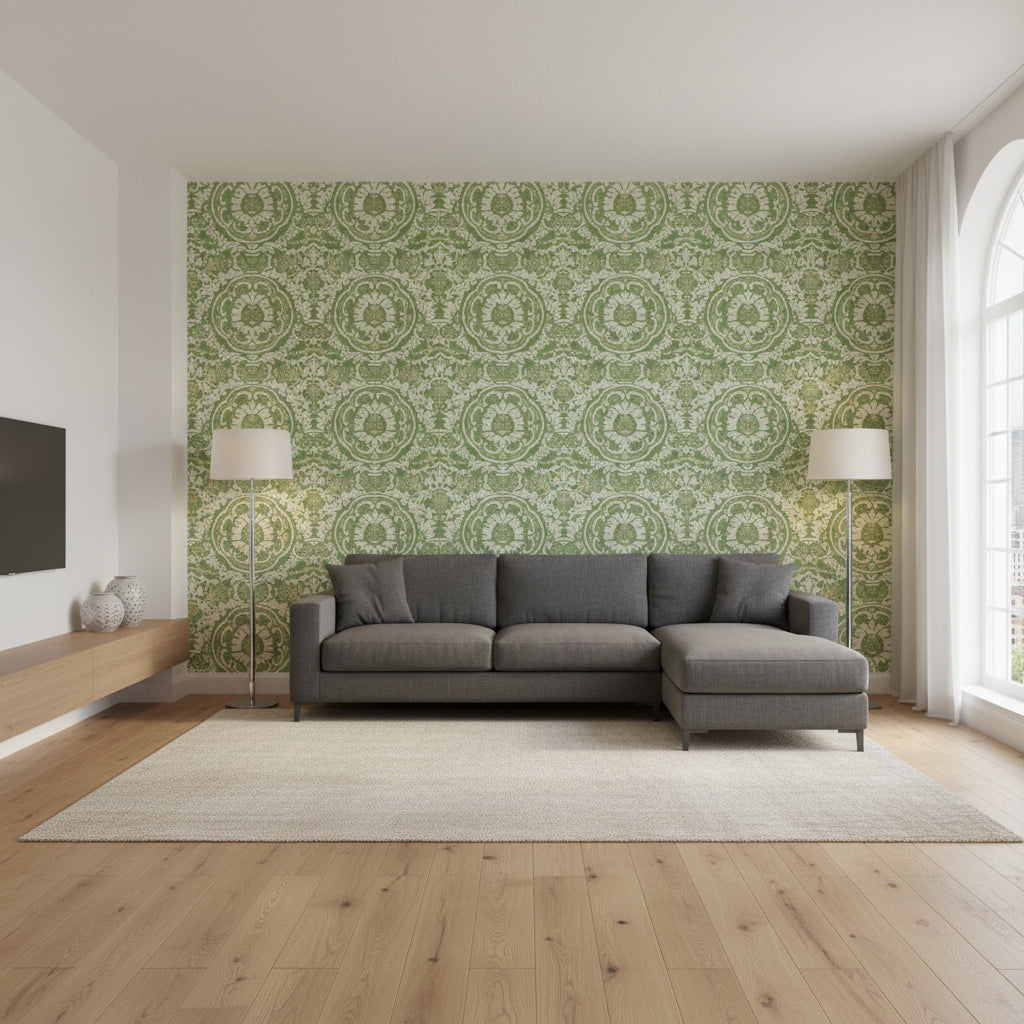 Earl Damask Green | Thibaut Wallcoverings - Living Room Visualization (AI-generated, may not be to scale. Verify pattern scale with product specifications.)