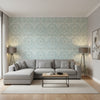 Earl Damask Robin's Egg | Thibaut Wallcoverings - Living Room Visualization (AI-generated, may not be to scale. Verify pattern scale with product specifications.)