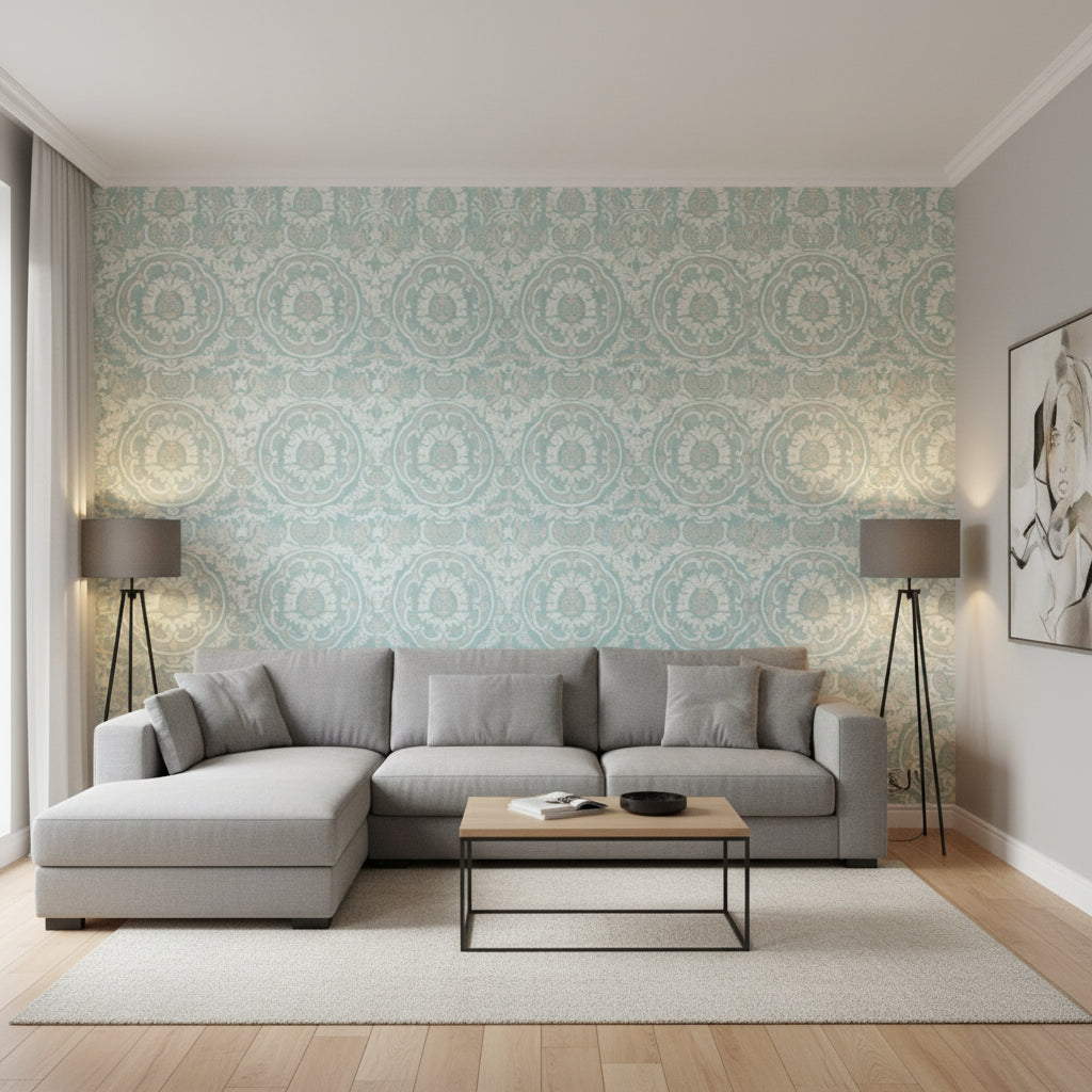 Earl Damask Robin's Egg | Thibaut Wallcoverings - Living Room Visualization (AI-generated, may not be to scale. Verify pattern scale with product specifications.)