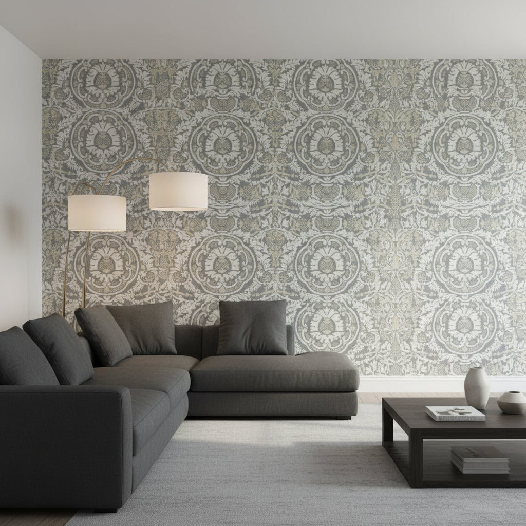 Earl Damask Charcoal | Thibaut Wallcoverings - Living Room Visualization (AI-generated, may not be to scale. Verify pattern scale with product specifications.)